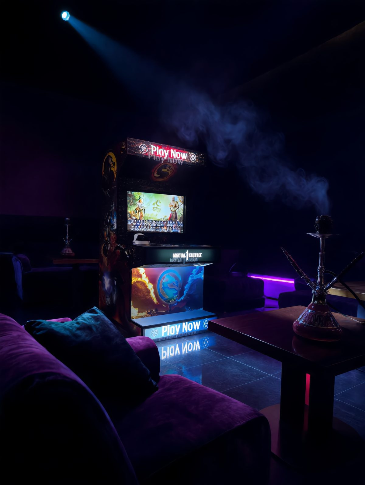 Игровой автомат в лаундж-зоне с фиолетовой подсветкой